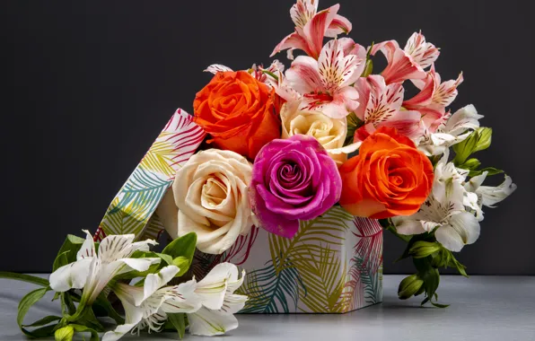 Flowers, roses, bouquet, Alstroemeria