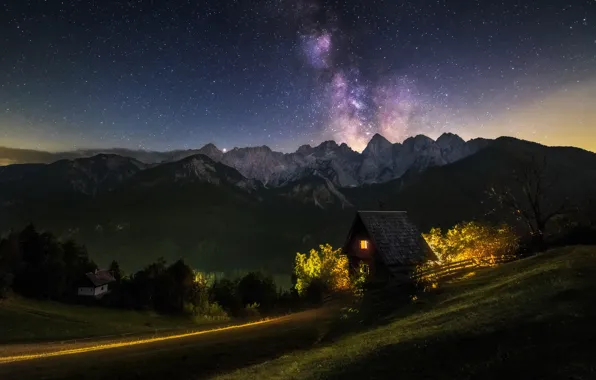 Stars, light, mountains, night, lights, Alps, house, the milky way