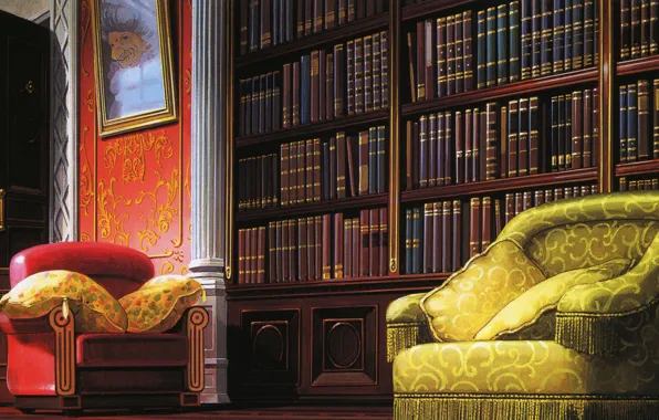 Comfort, books, picture, chair, pillow, library, art, Hayao Miyazaki