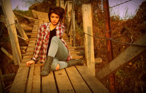 Picture look, legs, Anna, wooden bridge