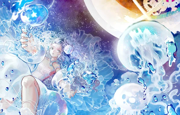 Girl, bubbles, the ocean, mechanism, anime, art, jellyfish, under water