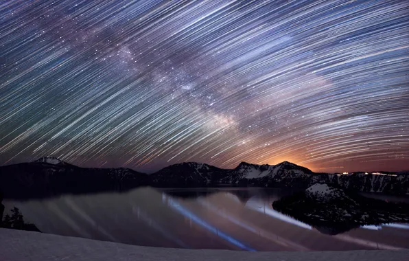 Forest, the sky, stars, mountains, night, lake, excerpt, panorama