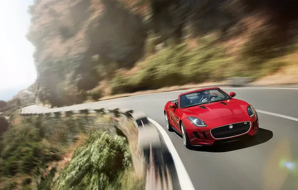 Picture road, red, movement, turn, convertible, front view, jaguar, f-type