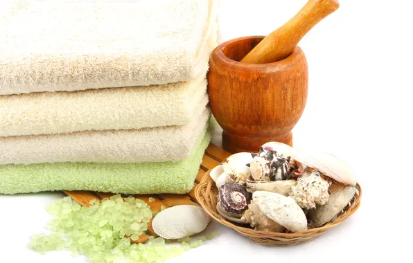 Towel, shell, shells, towel, Lilies of the valley, sea salt, mortar for grinding herbs, sea …