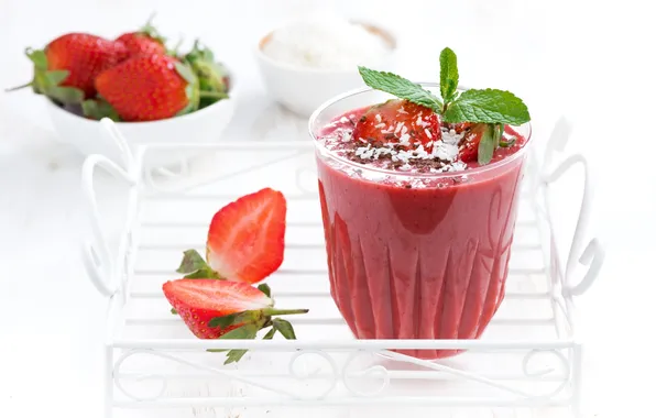 Picture glass, strawberry, drink, mint, smoothie