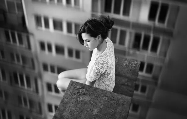Picture roof, girl, photo, height, photographer, black and white, girl, sitting