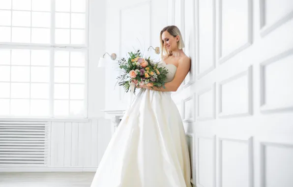 Look, girl, light, flowers, pose, smile, room, white