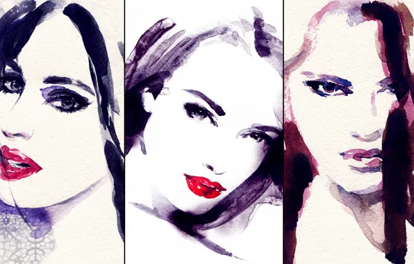 Eyes, look, girls, paint, picture, watercolor, lips, image