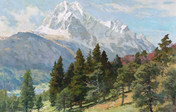 Mountains, Trees, Picture, German landscape painter, Edward Harrison Compton, View of the Wetterstein Mountains by …