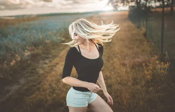 Field, girl, pose, smile, hair, Jiri Tulach