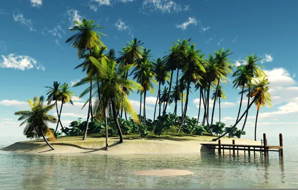 Picture palm trees, island, pier, fantastic isle