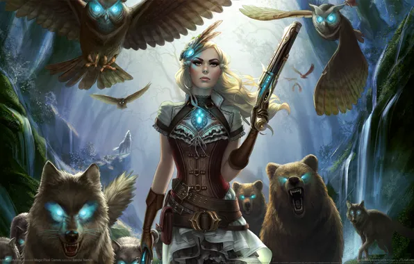 Girl, weapons, wolves, owls, game wallpapers, Outcast Odyssey