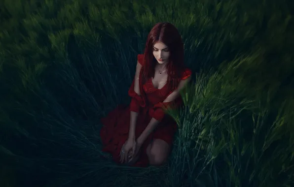 GRASS, FIELD, DRESS, POSE, REDHEAD