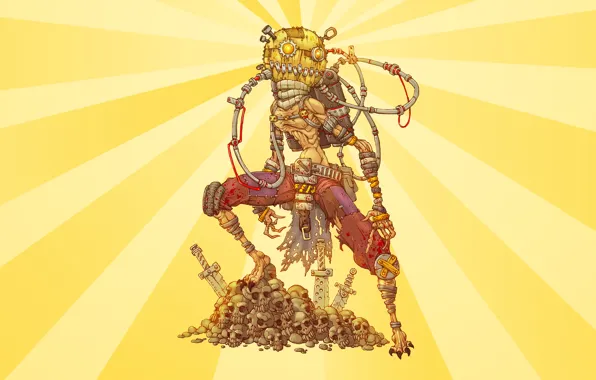 Picture steampunk, skull, cyborg, yellow background, postapokalipsis, Scarecrow, rags