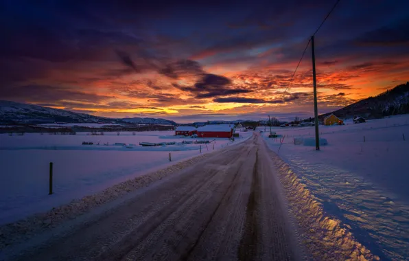 Twilight, road, sunset, winter, mountains, snow, dusk, village