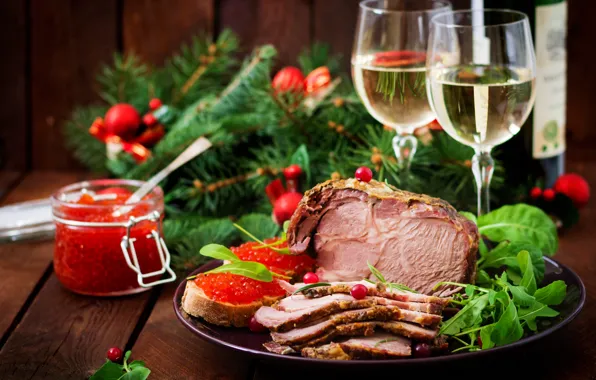 Greens, branches, table, wine, Board, bottle, glasses, plate