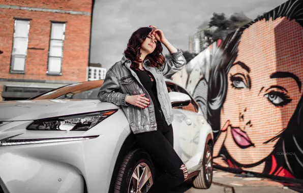 Girl, house, wall, graffiti, model, jeans, jacket, hairstyle