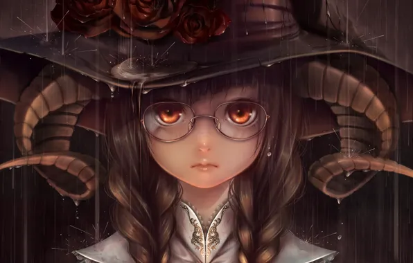 Picture girl, rain, roses, hat, art, glasses, horns, bouno satoshi