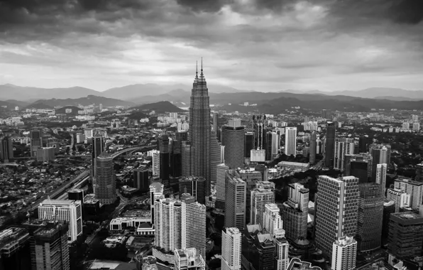 The city, home, skyscrapers, black and white photo, Malaysia, Kuala Lumpur Tower