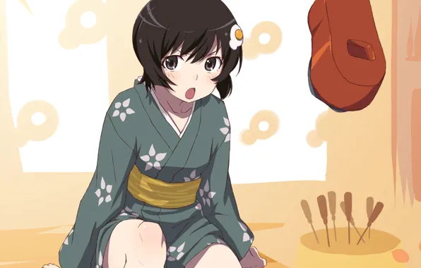 Girl, guitar, yukata, barrette
