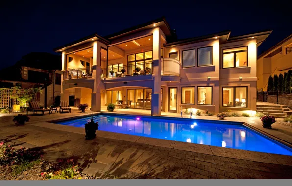 Night, house, Villa, house, pool, home, homes, pool.