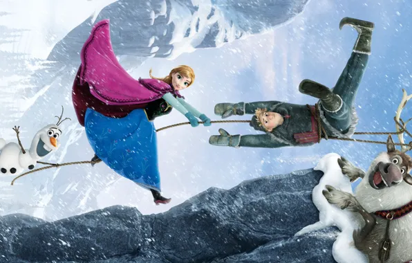Girl, snow, mountains, cartoon, tale, rope, deer, snowman