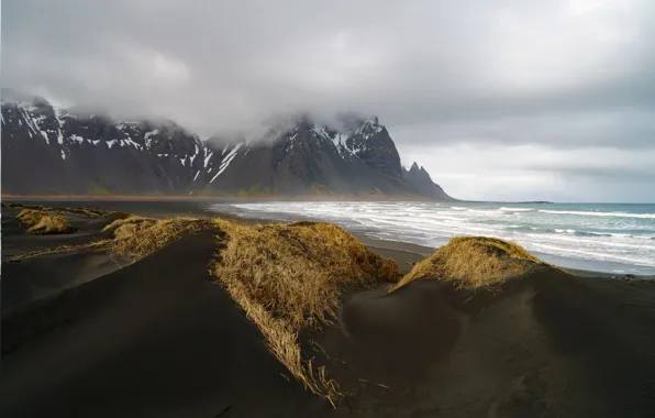 Picture beach, mountains, the ocean, Iceland