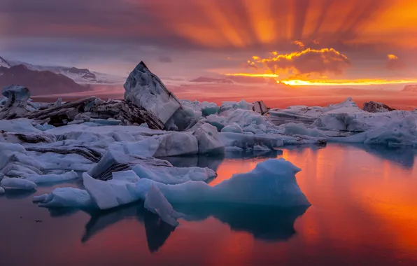 Winter, the sky, the sun, light, sunset, glacier, ice, ice