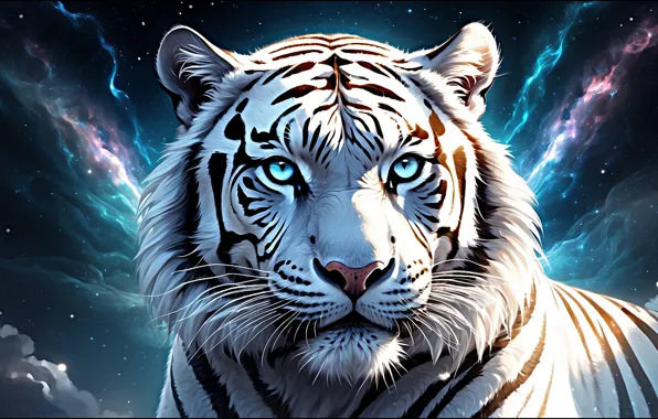 White, look, face, night, tiger, portrait, AI art, neural network