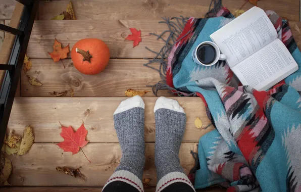 Autumn, comfort, heat, feet, Board, coffee, ladder, mug