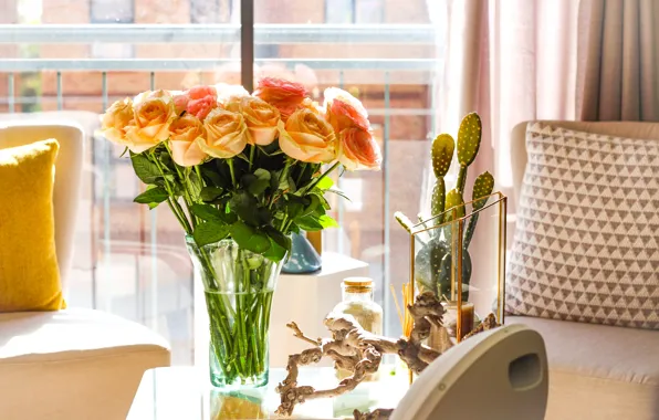 Light, flowers, room, sofa, roses, bouquet, chair, yellow