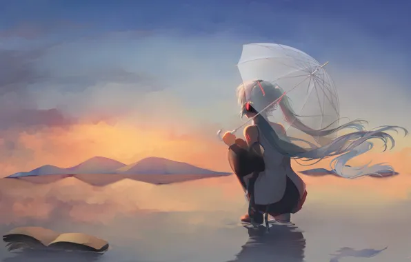 Picture water, girl, umbrella, vocaloid, hatsune miku