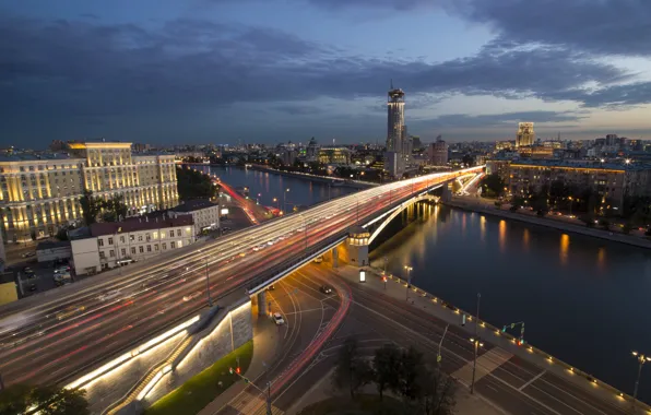 Picture bridge, the city, river, building, road, home, lighting, Moscow