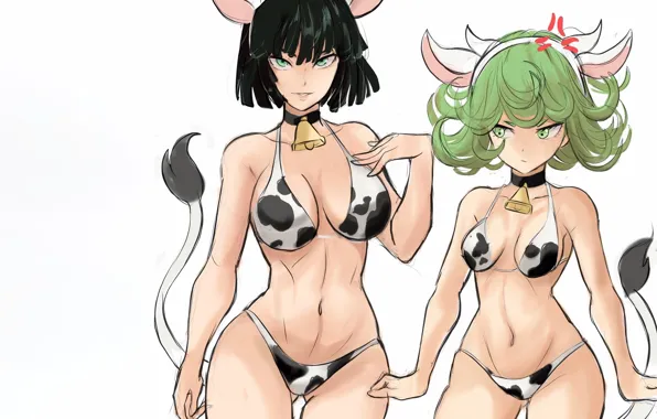 Sexy, cleavage, green eyes, girls, boobs, animal ears, anime, beautiful