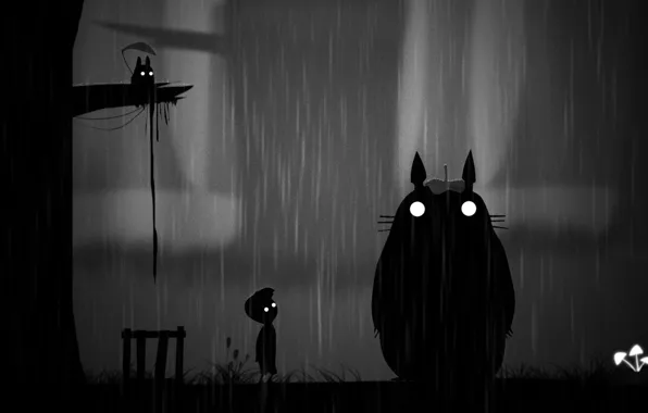 Night, rain, art, Totoro, Limbo. boy