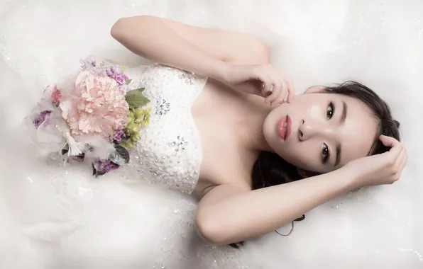 White, look, girl, flowers, face, pose, portrait, bouquet