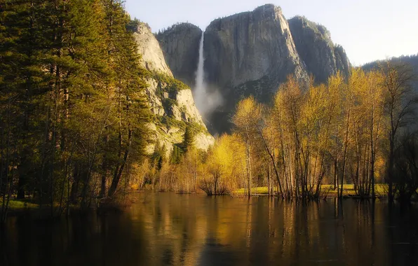 Autumn, forest, mountains, lake, waterfall