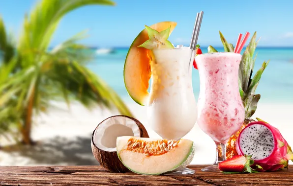 Picture sea, beach, coconut, strawberry, pineapple, beach, sea, melon