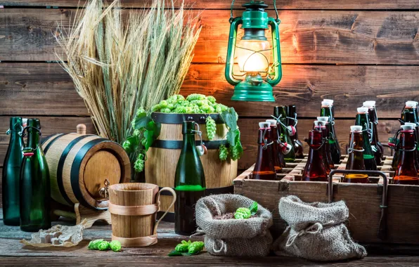 Wheat, alcohol, lantern, bottle, beer, wheat, hops, hops