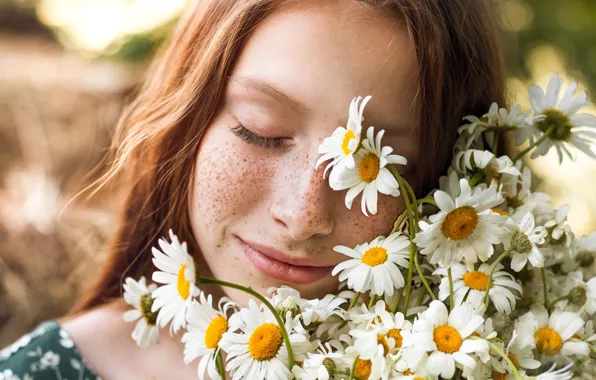 Girl, flowers, face, mood, chamomile, freckles, red, redhead