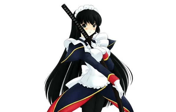 Katana, white background, The maid, long hair, uniform