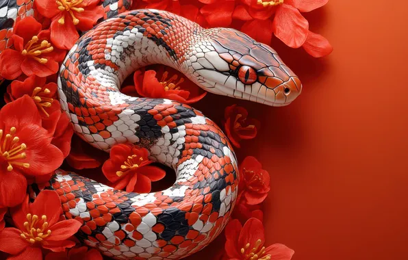 Look, flowers, snake, red, Python, red, red background, reptile