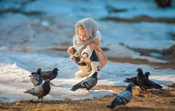 Snow, birds, spring, pigeons, girl, child, feeding, Irina Larina