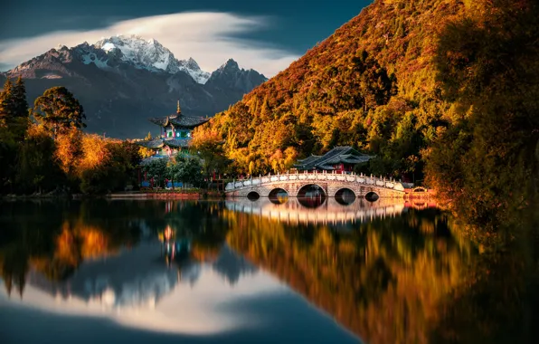 Picture mountains, lake, China, pagoda