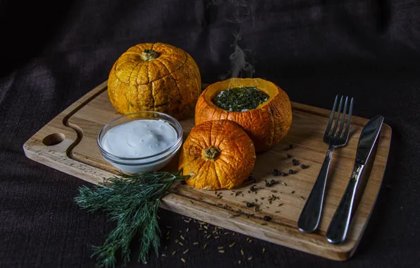 Greens, the dark background, food, dill, soup, pumpkin, still life, dish