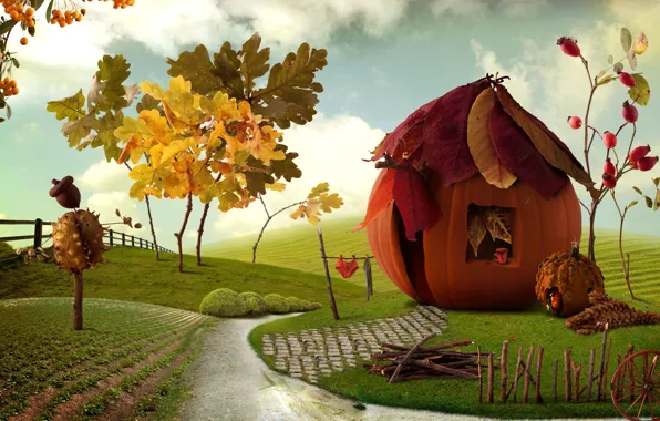 Picture autumn, leaves, landscape, berries, bright, field, fence, village