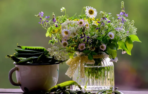 Flowers, table, background, chamomile, bouquet, peas, mug, Bank