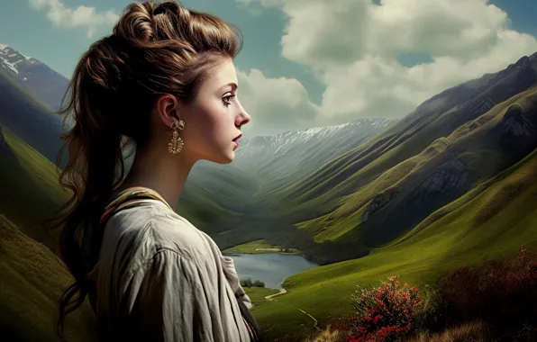 Summer, look, girl, clouds, light, flowers, mountains, nature