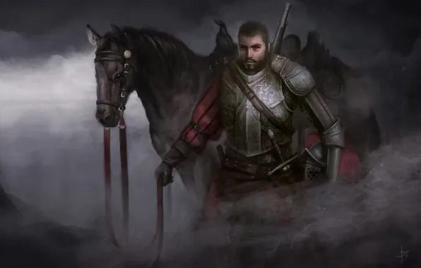 Picture fog, horse, sword, art, male, armor, Bram Sels
