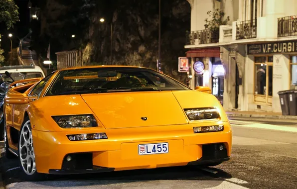 Picture car, yellow, street, the evening, sport, road., Voitur diablo, Lamborghini Diablo
